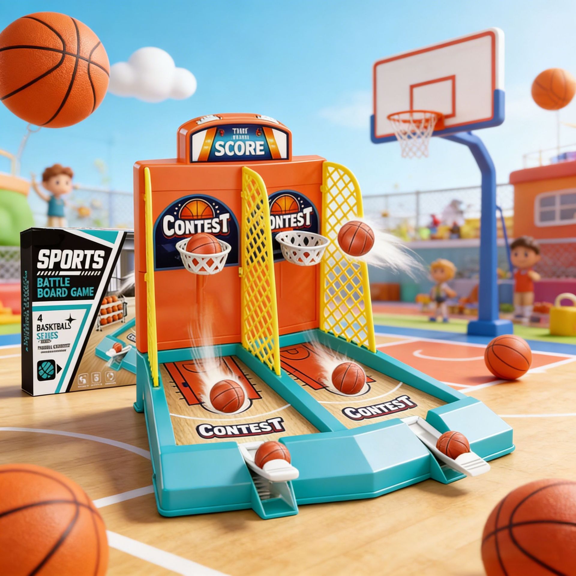 Mini Double Basketball with Ball Launcher, Board Game, Interactive Family Fun